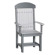 A gray slatted outdoor chair with armrests and a curved backrest, shown against a plain white background.