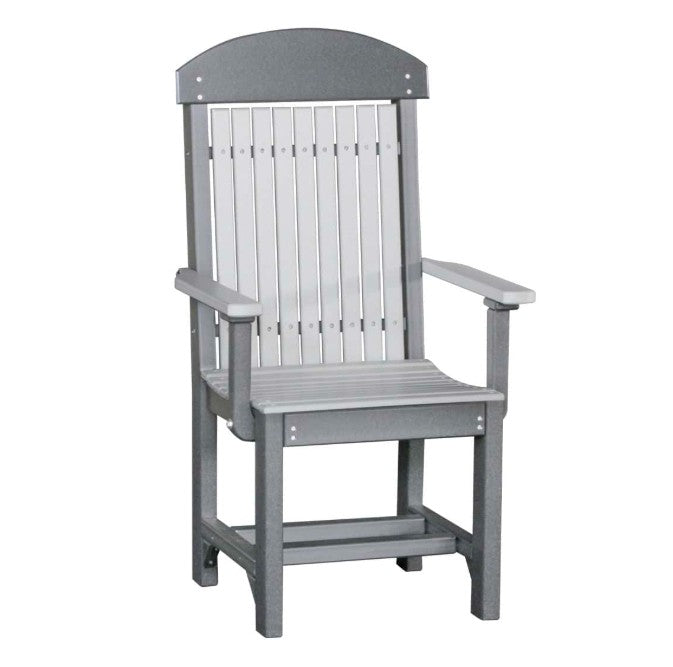 A gray slatted outdoor chair with armrests and a curved backrest, shown against a plain white background.