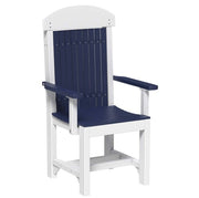 a white and blue adirondack style dining chair on a white background