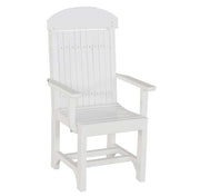 A white outdoor Adirondack-style chair with a slatted back, armrests, and a slatted seat, shown on a plain white background.