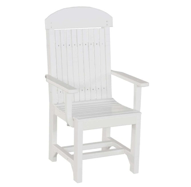 A white outdoor Adirondack-style chair with a slatted back, armrests, and a slatted seat, shown on a plain white background.