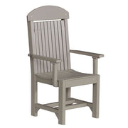A single high-back outdoor armchair with a curved top, vertical slatted backrest, and wide armrests, shown on a plain white background.