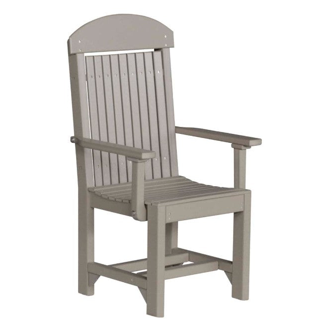 A single high-back outdoor armchair with a curved top, vertical slatted backrest, and wide armrests, shown on a plain white background.