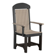 A high-back outdoor armchair with a dark charcoal gray frame and light beige slatted back and seat, shown on a plain white background.