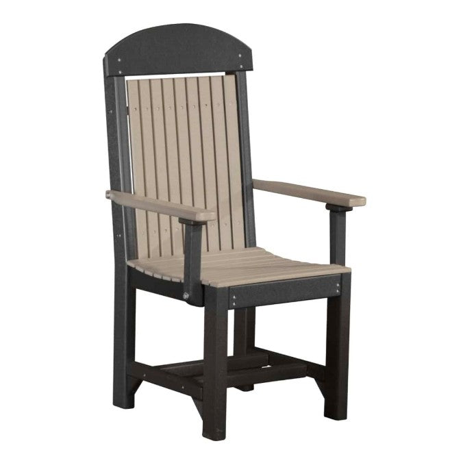 A high-back outdoor armchair with a dark charcoal gray frame and light beige slatted back and seat, shown on a plain white background.