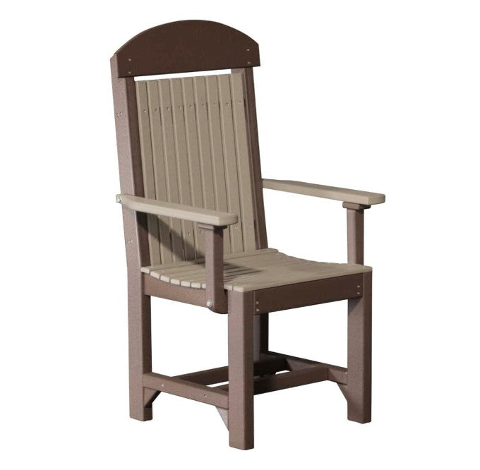 A high-back outdoor armchair with a curved backrest, featuring a taupe-beige slatted seat and backrest panel with brown frame elements, shown on a plain white background.