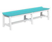 A long outdoor bench with a turquoise blue slatted seat and a white frame, shown on a plain white background.