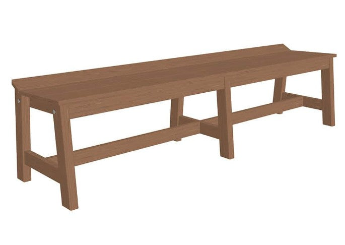 A long bench with a warm medium-brown finish, featuring a slanted backrest and a lower support rail, shown on a plain white background.