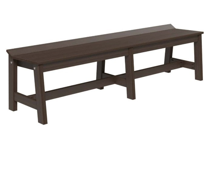 A dark brown bench with a slanted backrest, shown from a three-quarters angle on a plain white background.