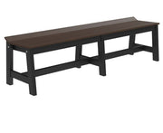 A long bench with a dark brown wood-grain seat and a black frame, shown on a plain white background.
