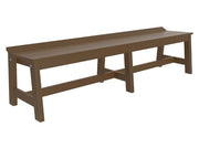 A long rectangular brown bench with a slatted seat and sturdy legs, shown at an angle on a plain white background.