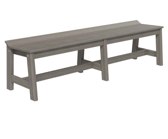 A long rectangular bench with a weathered gray wood finish, featuring a slight backrest slope and sturdy support beams, shown on a plain white background.