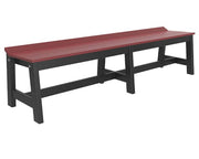 A long outdoor bench with a reddish-brown slatted seat and a dark charcoal gray frame, shown on a plain white background.