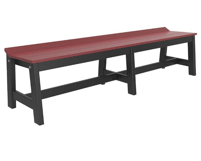 A long outdoor bench with a reddish-brown slatted seat and a dark charcoal gray frame, shown on a plain white background.