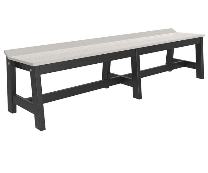 A long outdoor bench with a light gray weathered wood-look seat and a dark charcoal gray frame, shown on a plain white background.