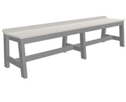 A long outdoor bench with a light gray wood-look seat and a darker gray frame, shown on a plain white background.