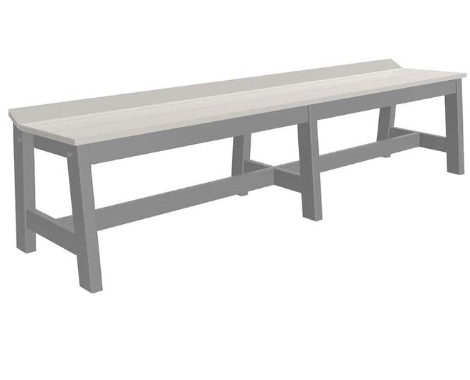 A long outdoor bench with a light gray wood-look seat and a darker gray frame, shown on a plain white background.