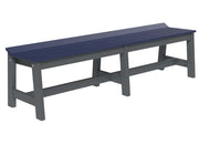 A long outdoor bench with a dark blue slatted seat and a gray frame, shown on a plain white background.