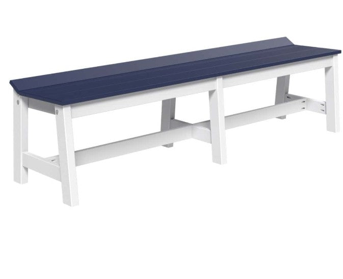 A long outdoor bench with a dark navy blue slatted seat and a white frame, shown on a plain white background.