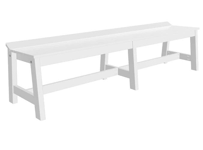 A white bench with a slatted seat and open side supports, shown on a plain white background.