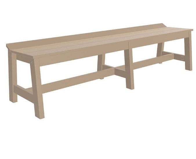 A long bench with a slatted seat and sturdy legs, shown at an angle on a plain white background.