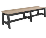 A long outdoor bench with a light beige wood-look slatted seat and a dark charcoal black frame, shown on a plain white background.