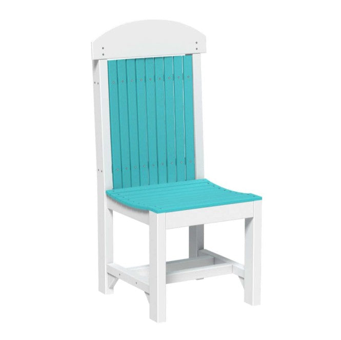 A white outdoor dining chair with a turquoise blue slatted backrest and seat, shown against a plain white background.