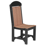 A high-back outdoor dining chair with a black frame and light brown slatted seat and backrest, shown on a plain white background.