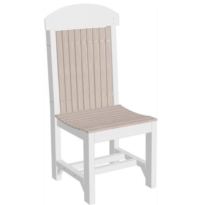 A high-back outdoor dining chair with a white frame and light beige slatted backrest and seat, shown on a plain white background.