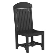 A black outdoor side chair with a tall slatted backrest, curved top rail, and slatted seat, shown on a plain white background.