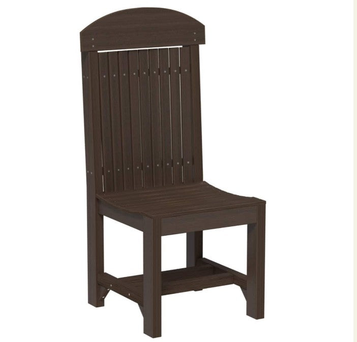 A dark brown outdoor dining chair with a tall slatted backrest, curved top rail, and a lower support shelf, shown on a plain white background.