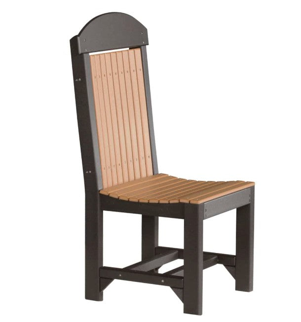 A high-back outdoor dining chair with a dark brown frame and light tan slatted seat and backrest, shown on a plain white background.