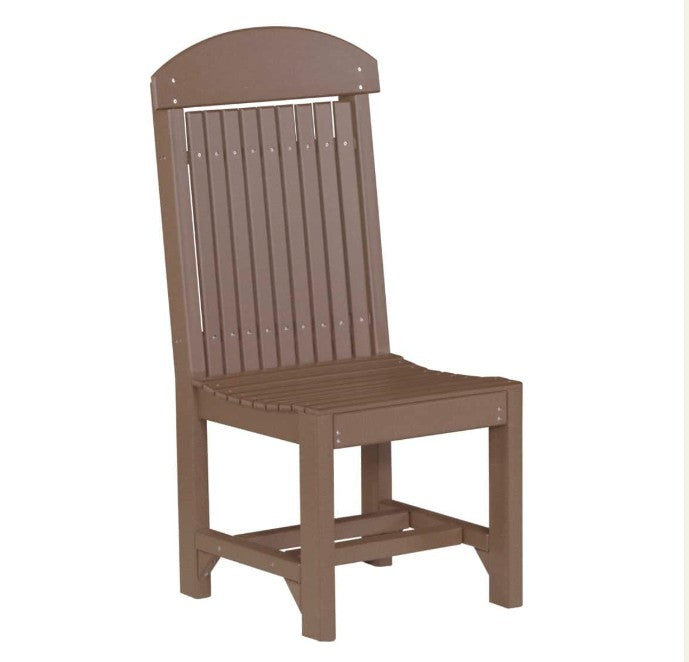 A single outdoor dining chair with a tall slatted backrest, curved top rail, and slatted seat, shown on a plain white background.