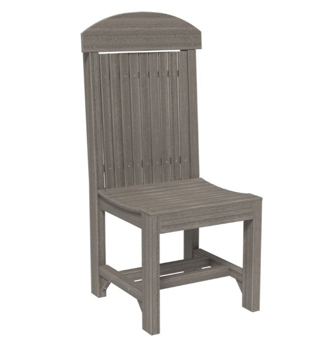 A single outdoor dining chair with a tall slatted backrest, curved top, and weathered gray-brown finish, shown on a plain white background.