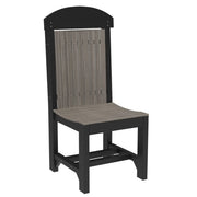 A high-back outdoor dining chair with a black frame and a gray slatted backrest and seat, shown on a plain white background.