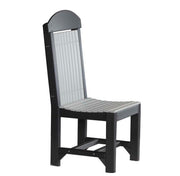 A high-back outdoor dining chair with a dark charcoal gray frame and a light gray slatted seat and backrest, shown on a plain white background.