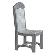 A gray outdoor dining chair with a tall slatted backrest, curved top on the backrest, and a slatted seat, shown against a plain white background.