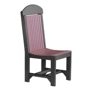 A high-back outdoor dining chair with a black frame and burgundy-pink slatted back and seat, shown on a plain white background.