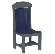 A high-back outdoor dining chair with a dark gray frame and navy blue slatted back and seat, shown on a plain white background.