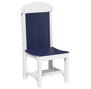 A white outdoor dining chair with a navy blue slatted backrest and seat, shown against a plain white background.