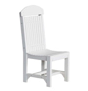A white outdoor dining chair with a tall slatted backrest, curved top, and slatted seat, shown on a plain white background.