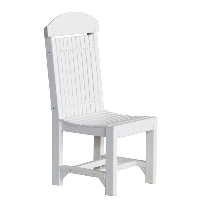 A white outdoor dining chair with a tall slatted backrest, curved top, and slatted seat, shown on a plain white background.