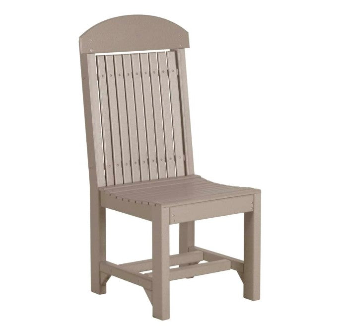 A single outdoor dining chair with a tall slatted backrest, curved top rail, and slatted seat, shown on a plain white background.