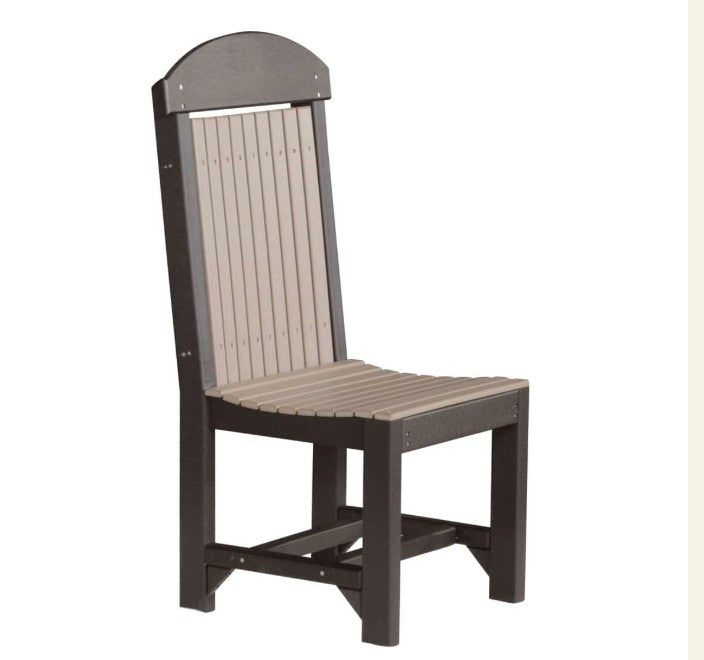 A high-back outdoor dining chair with a black frame and light beige slatted backrest and seat, shown on a plain white background.