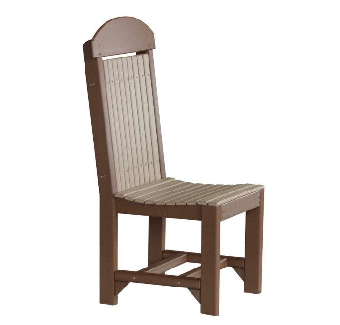 A single wooden dining chair with a tall slatted backrest, curved top rail, and slatted seat, shown on a plain white background.