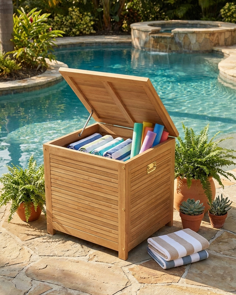 A wooden storage chest with the lid open, placed beside a swimming pool on a stone patio. The chest contains rolled towels or mats in blue, green, and pink, and a folded striped towel sits in front.