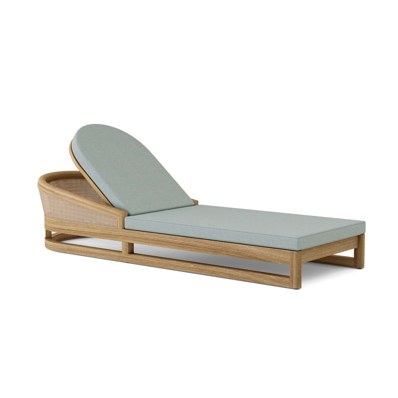 Catania teak lounge chair with cast mist cushion on white background.  