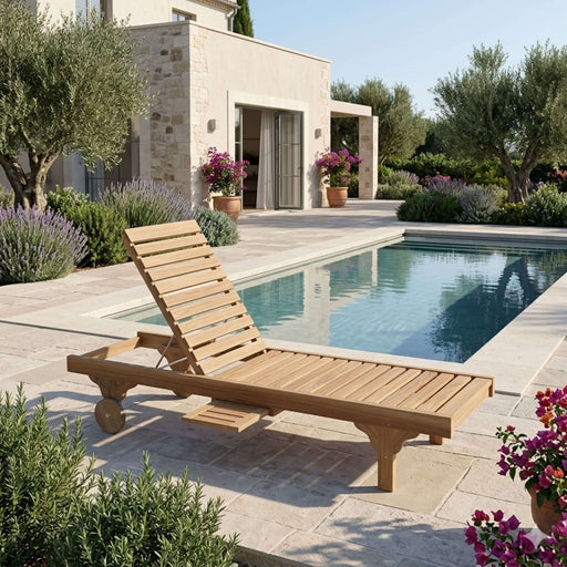 Anderson Teak Capri Sun Lounger with adjustable backrest positioned poolside on a stone patio, surrounded by lavender and flowering plants