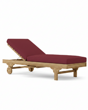 Capri teak lounger with burgundy cushion on white background.