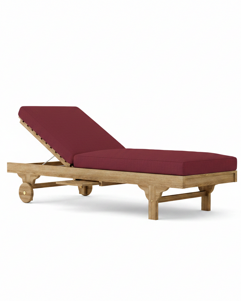 Capri teak lounger with burgundy cushion on white background.